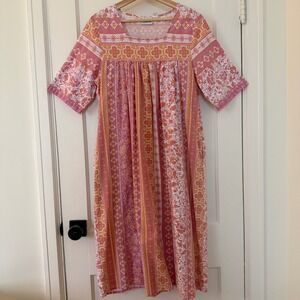 Vermont Country Store Pink Orange 100% Cotton Floral Muumuu House Dress Sz S
